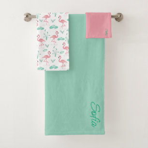 Pink Flamingo cute tuquoise gray pattern Bath Towel Set