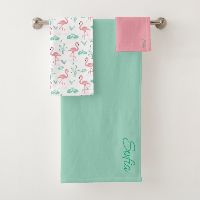  Pink Flamingo cute tuquoise gray pattern Bath Towel Set (Insitu)