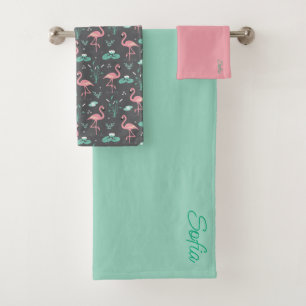 Pink Flamingo cute tuquoise gray pattern Bath Towel Set