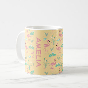 Pink Flamingo cute yellow pattern name Coffee Mug