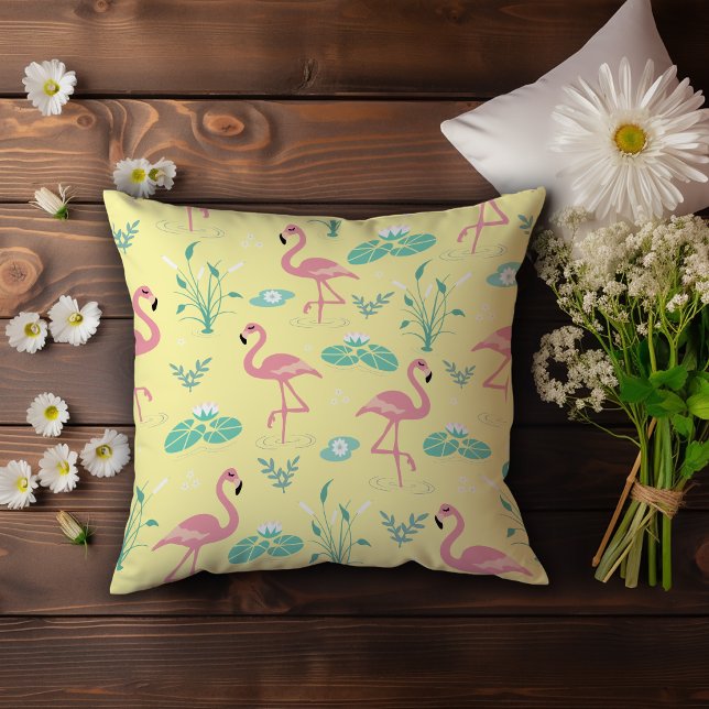  Pink Flamingo cute yellow pattern Throw Pillow (Creator Uploaded)