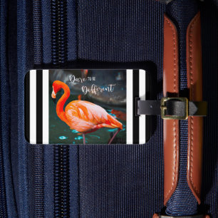 Pink Flamingo Dare be Different Black White Stripe Luggage Tag