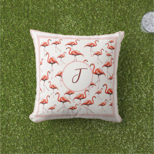 Pink Flamingo Design Custom Family Monogram Summer Outdoor Pillow