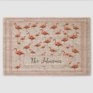 Pink Flamingo Design Custom Family Name Summer Fiber Doormat