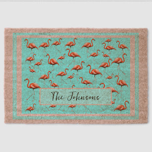 Pink Flamingo Design Custom Family Name Summer Fiber Doormat