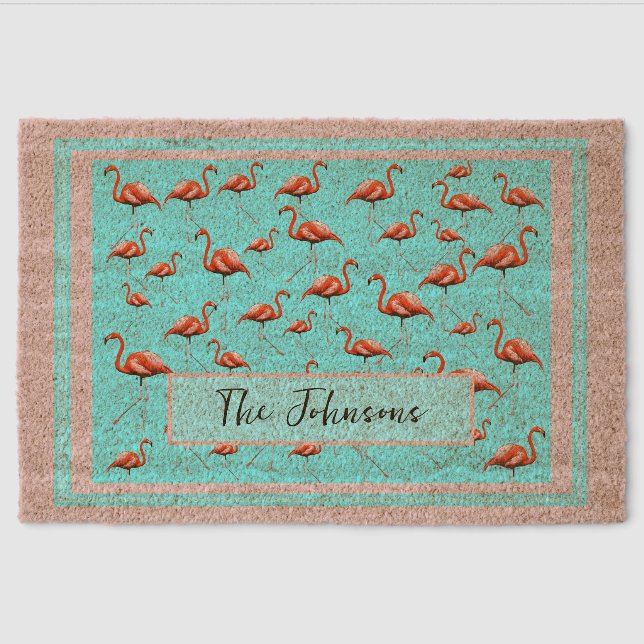 Pink Flamingo Design Custom Family Name Summer Fiber Doormat (Front)
