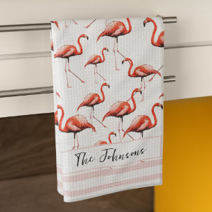 Pink Flamingo Design Custom Family Name Summer Kitchen Towel