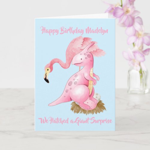 Pink Flamingo Dinosaur Funny Kids Birthday Party Card
