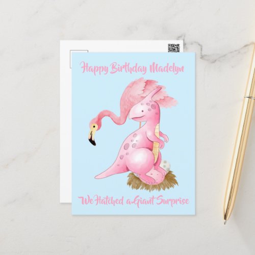 Pink Flamingo Dinosaur Funny Kids Birthday Party Postcard