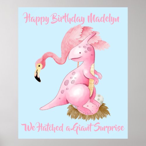 Pink Flamingo Dinosaur Funny Kids Birthday Party Poster