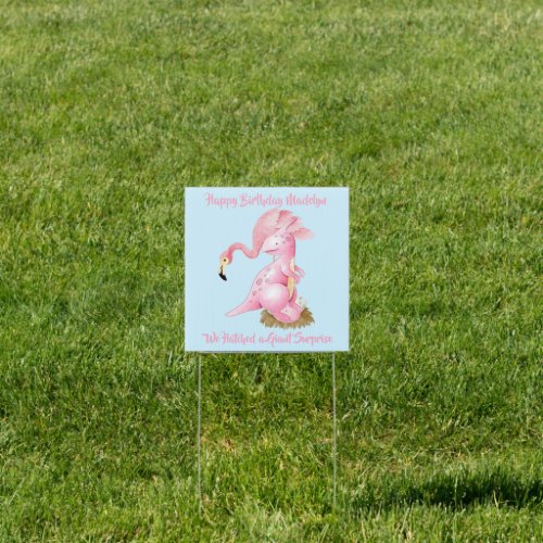 Pink Flamingo Dinosaur Funny Kids Birthday Party Sign