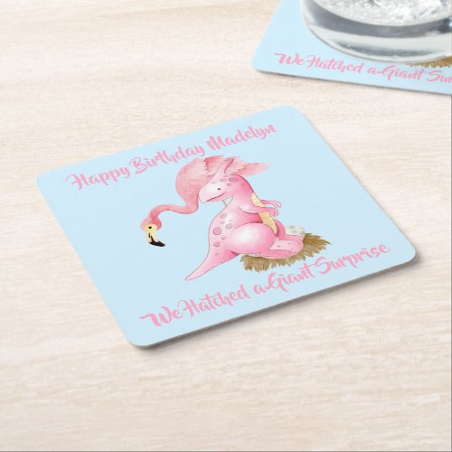 Pink Flamingo Dinosaur Funny Kids Birthday Party Square Paper Coaster