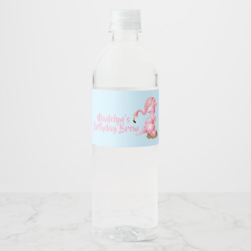 Pink Flamingo Dinosaur Funny Kids Birthday Party Water Bottle Label