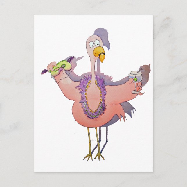 Pink Flamingo Drink Mardi Gras Watercolor Paiting Postcard (Front)