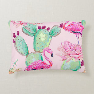 Pink flamingo, exotic birds, gentle flowers, rose, accent pillow