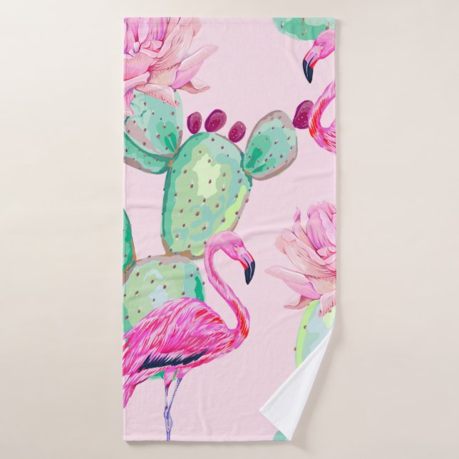 Pink flamingo, exotic birds, gentle flowers, rose, bath towel (Bath Towel)