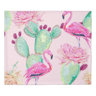 Pink flamingo, exotic birds, gentle flowers, rose, duvet cover