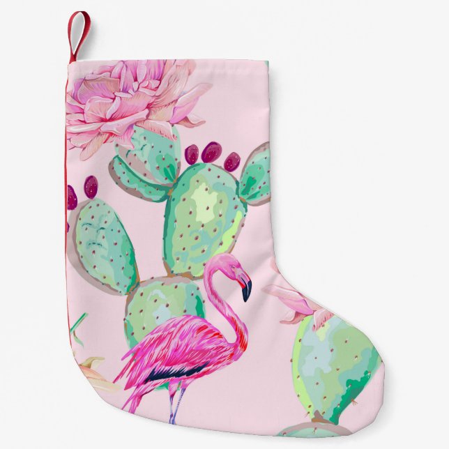 Pink flamingo, exotic birds, gentle flowers, rose, small christmas stocking (Front)