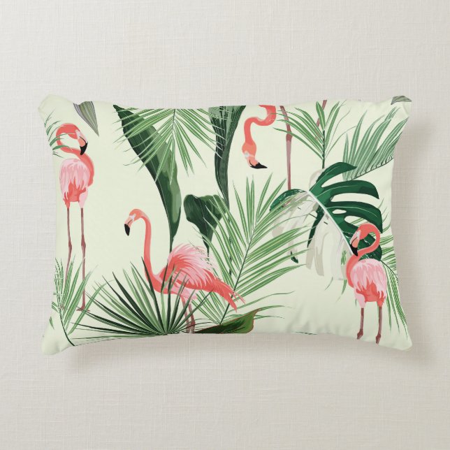 Pink Flamingo Exotic Flowers Pattern Accent Pillow (Front)