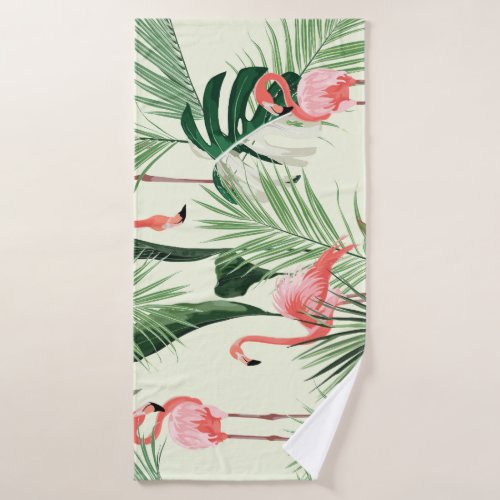 Pink Flamingo Exotic Flowers Pattern Bath Towel