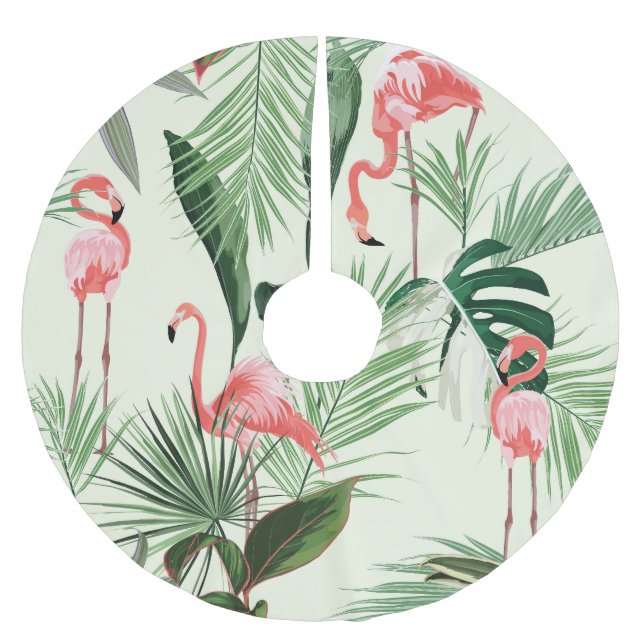 Pink Flamingo Exotic Flowers Pattern Brushed Polyester Tree Skirt (Front)