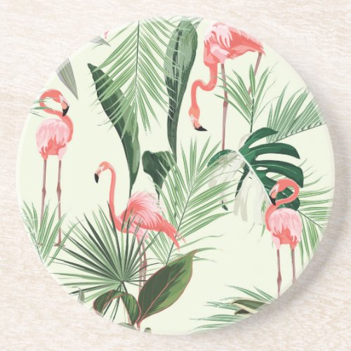 Pink Flamingo Exotic Flowers Pattern Coaster