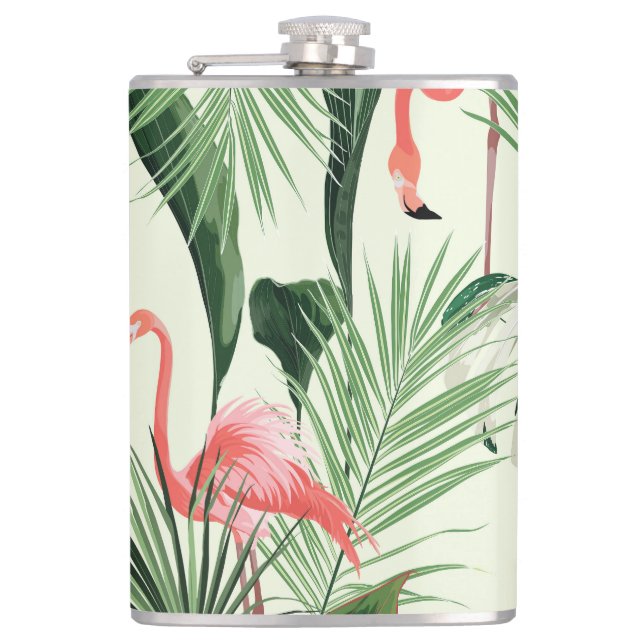Pink Flamingo Exotic Flowers Pattern Flask (Front)