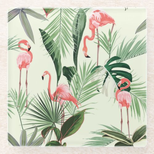 Pink Flamingo Exotic Flowers Pattern Glass Coaster