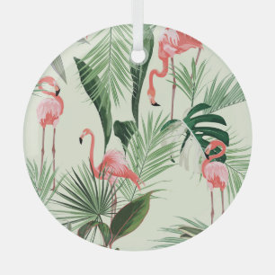 Pink Flamingo Exotic Flowers Pattern Glass Ornament