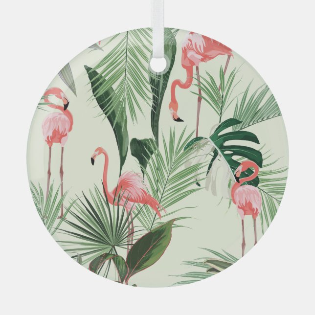 Pink Flamingo Exotic Flowers Pattern Glass Ornament (Front)