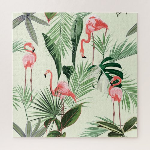 Pink Flamingo Exotic Flowers Pattern Jigsaw Puzzle
