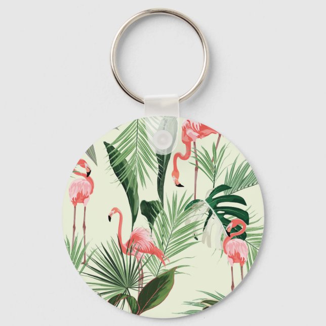 Pink Flamingo Exotic Flowers Pattern Keychain (Front)
