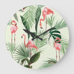 Pink Flamingo Exotic Flowers Pattern Large Clock