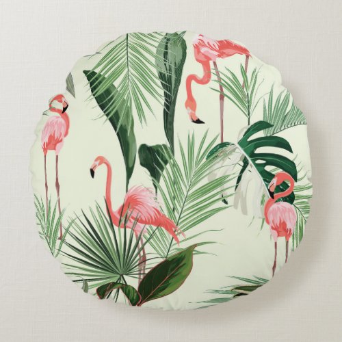 Pink Flamingo Exotic Flowers Pattern Round Pillow