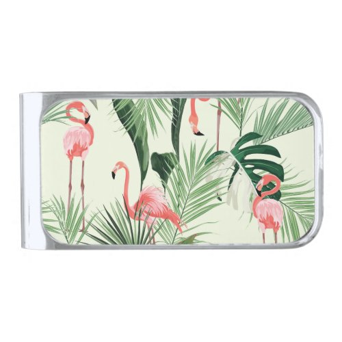 Pink Flamingo Exotic Flowers Pattern Silver Finish Money Clip