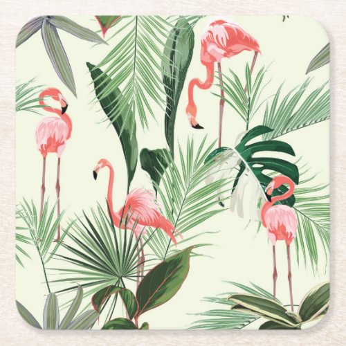 Pink Flamingo Exotic Flowers Pattern Square Paper Coaster