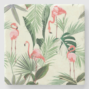 Pink Flamingo Exotic Flowers Pattern Stone Coaster