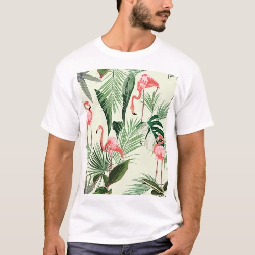 Pink Flamingo Exotic Flowers Pattern T_Shirt