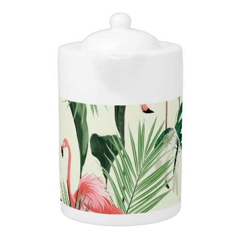 Pink Flamingo Exotic Flowers Pattern Teapot