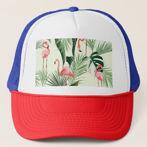 Pink Flamingo Exotic Flowers Pattern Trucker Hat
