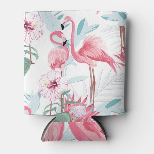 Pink Flamingo Exotic Flowers Seamless Can Cooler