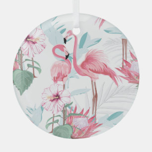 Pink Flamingo: Exotic Flowers Seamless. Glass Ornament