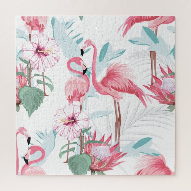 Pink Flamingo: Exotic Flowers Seamless. Jigsaw Puzzle (Vertical)