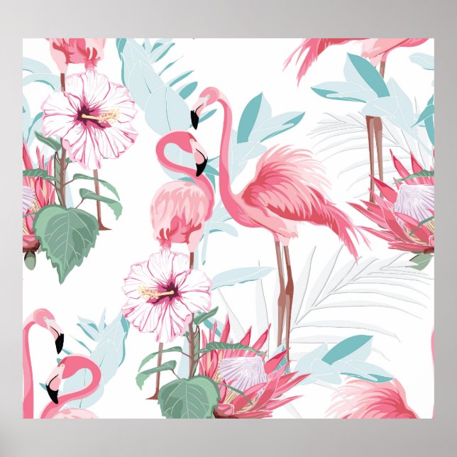 Pink Flamingo: Exotic Flowers Seamless. Poster (Front)