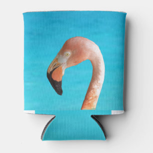 Pink flamingo face against blue water can cooler