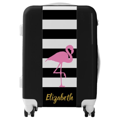 Pink Flamingo Faux Gold Script Black White Stripes Luggage