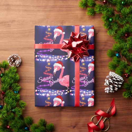 Pink Flamingo Festive Tropical Beach Christmas  Wrapping Paper