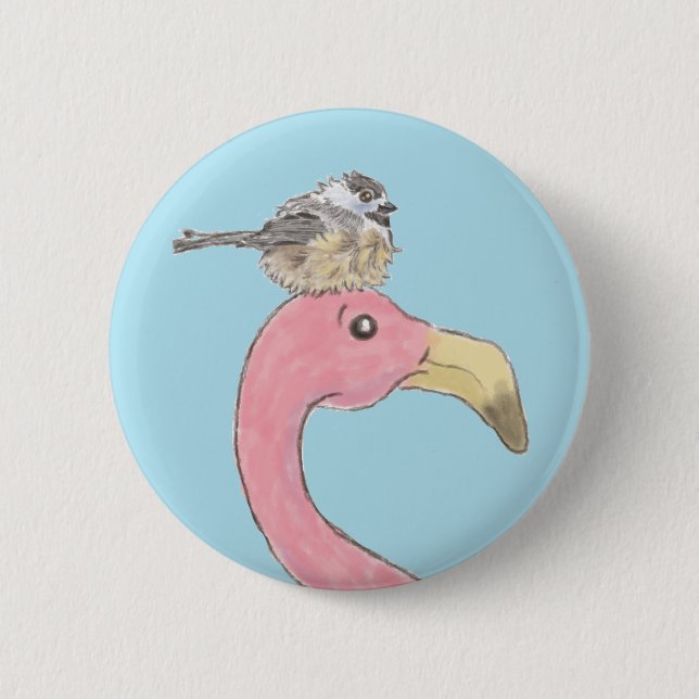 Pink Flamingo Finds His Flock Button Pin (Front)