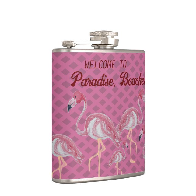 Pink Flamingo Flamingos Paradise Beach  Flask (Right)