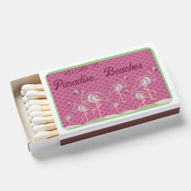 Pink Flamingo Flamingos Paradise Beach Matchbox Matchboxes (Front Open)